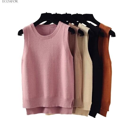 Sleeveless Vest Sweater Women Preppy Style Look Round Neck Side Vent Slit Knitted Vest Pullovers T Jumper Female Knit Sweater