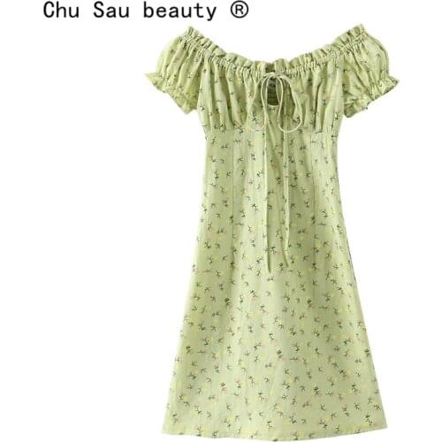 Chu Sau beauty New Casual Chic Floral Print Mini Dress Women Holiday Slash Neck Dress Summer Elastic Back Ruffles Ladies Dresses