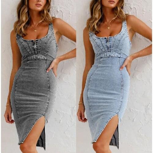 Sexy Fashion Bodycon Jeans Midi Dress Womens Smooth Washable Water Denim With Split Bag Hip Dress Elastic Parth Club Vestido