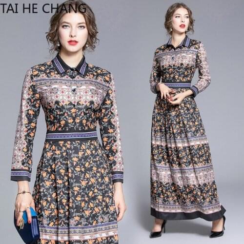 Women Dress New Fashion Retro Spring Summer Elegant Slim Bodycon Vintage Party Runway Print Shirt Office Work Maxi Dresses