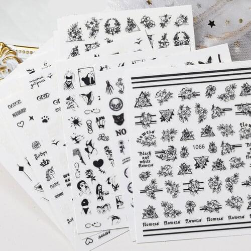 1set Nail Supplies For Professionals Nail Sticker Love Line Flower Simple Black White Geometric Line Nail Set Adhesive Sticker D