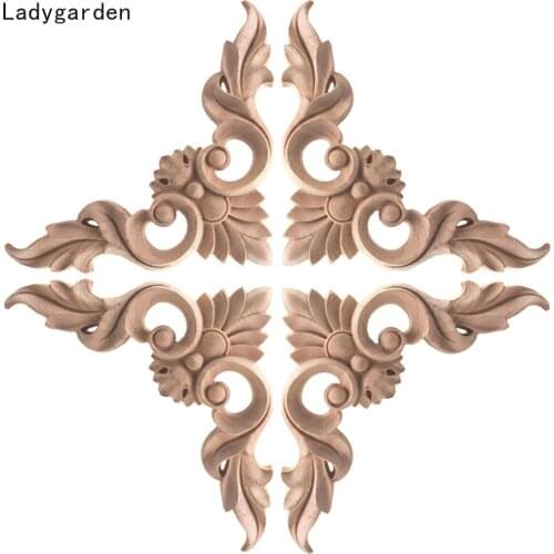 4PCS Woodcarving Decal Corner Applique Frame Door Decorate Wall Doors Furniture Decorative Statues Wooden Sculptures 8/20/24cm