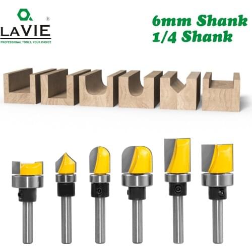 6PC 1/4" 6mm Shank Pattern Bit Flush Trim Bit Straight Bit with Bearing Hinge Mortising Router Bit Wood Trimmer Cutter C06 C07
