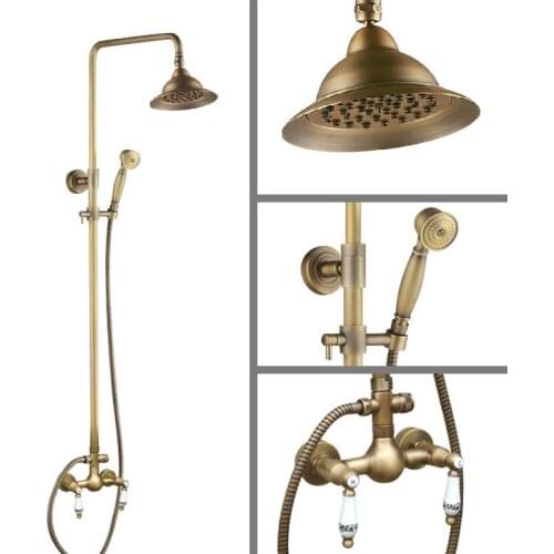 Antique Brass Wall Mounted Bathroom Rain Shower Faucet Shower Head Set Mixer Tap Dual Ceramic Handles Levers man105
