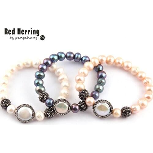 Free Shipping Fashion Flat Pearl Handmake Paved Women Freshwater Pearl Strand Bracelet