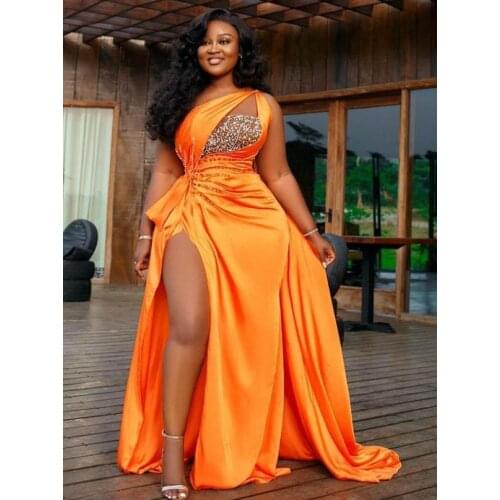 Long Orange Mermaid Prom Dresses With Detachable Train High Side Split Slit Luxury African One Shoulder Women Evening Gowns