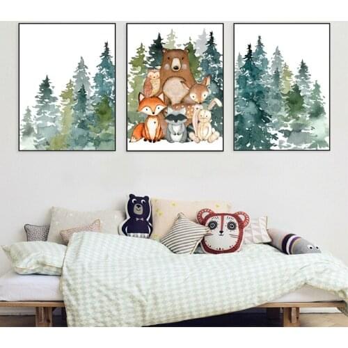 Woodland Animals Nursery Boys Art Print Watercolor Forest Animal Art Canvas Painting Nordic Poster Baby Boy Kids Room Decor