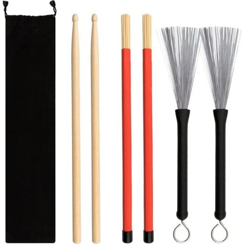 5A Maple Drum Sticks Retractable Drum Wire Brushes Rods Brushes Set for Kids Adults Rock Band Jazz Folk Students with Portable