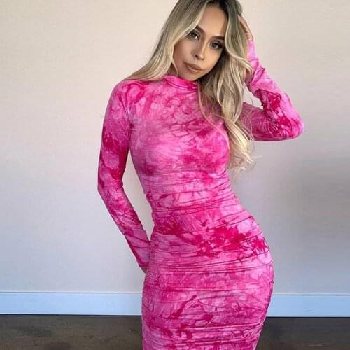 Tie Dyeing Print Stand Collar Zipper Club Dress 2020 Sexy Women Draped Bodycon Dress Stretch Pencil Party Vestido