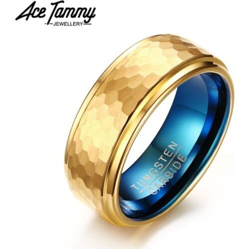 New Hammered Tungsten Ring Wedding Brands Blue Comfort Fit Inner 8MM Gold Tungsten Carbide Rings for Men Jewelry