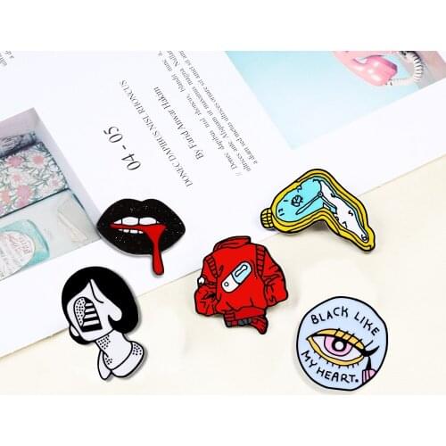 Cool Twisted Clock Enamel Lapel Pins Pill Eyeliner Eye Red Clothes Tongue Lips Punk Rock Brooches Badges Best Friend Gift Women