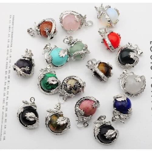 Hot Sales Natural Semi Precious Stone Round Crystal Balls Wrapped Dragon Jewelry Necklace Pendant 15mm Gem Spheres