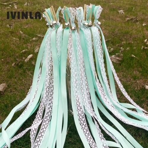 Hot selling 50pcs/lot Green Wedding Ribbon Wands stick with lace and big Bells for wedding decoration