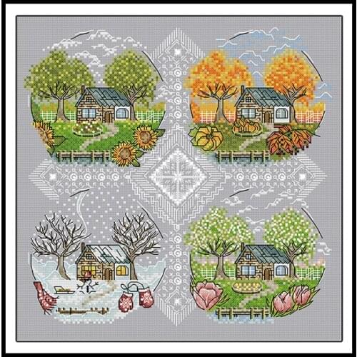 Four Seasons Scenery Paintings Counted Cross Stitch Kits 14CT 11CT Printed Canvas DIY Hand Needlework Thread for Embroidery Kits