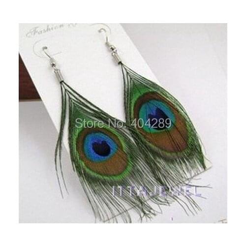 Wholesale 120 pairs Natural Peacock Feather Drop Earrings,Free Shipping