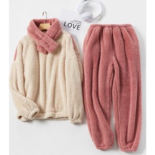 JULYS SONG Flannel Pajamas Set Scarf Long Sleeve Trousers 3 Pieces Women Thick Coral Fleece Winter Sleepwear Casual Homewear