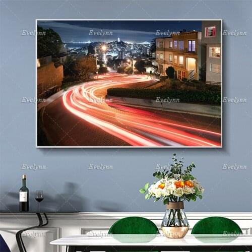 San Francisco,Lombard Street,Night Cityscape,LightTrails,Famous Landmark,Street Posters Prints Home Decor Canvas FloatingFrame