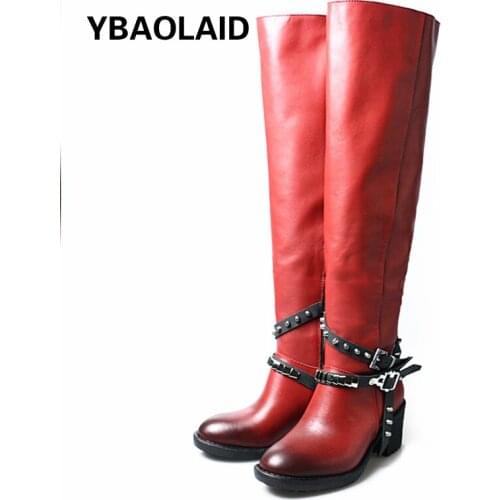 Thick High-heeled Round Toe Thick-soled Top Layer Cowhide Color-blocking Side Zipper Rivet Metal Belt Buckle Over The Knee Boots