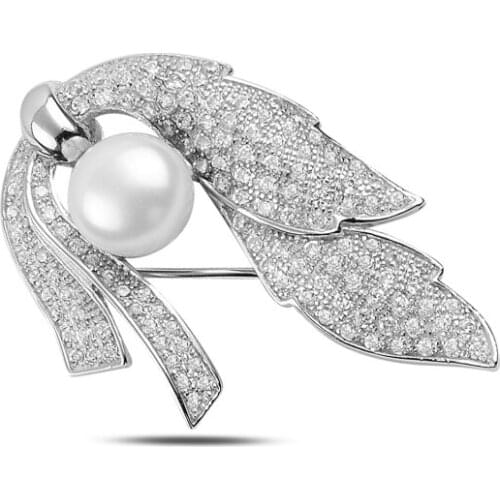 Silver 925 Sterling Pearl & Zircon Crystal Brooch