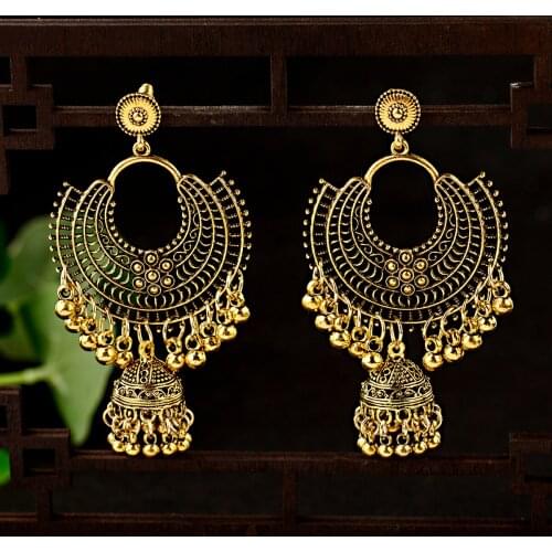 Boho Vintage Indian Jhumka Big Bells Tassel Drop Flower Carved Statement Earring Jewelry Earrings for Women Ethnic 2021