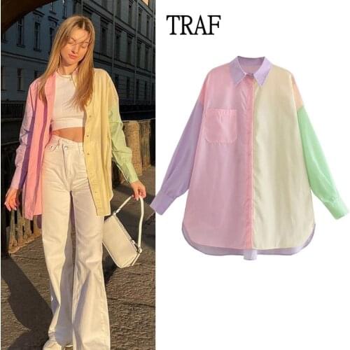TRAF Za Woman Button Up Shirt Women Long Sleeve Top 2021 Summer Loose Plus Size Blouses Ladies Pocket Asymmetric Hem Chic Shirt