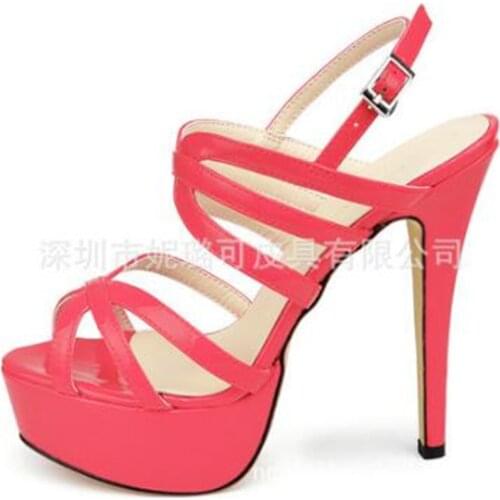 New Women stiletto pointed Thin high heel rhinestone buckle sandals Round Toe PU 14CM Buckle Strap waterproof women shoes red