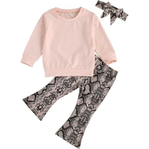 0-3 Years Baby Girl Top Bell-Bottom Pants Round Collar Long Sleeves Top Sports Casual Snakeskin / Striped Trousers Headband
