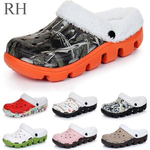 1PR Eco Warm Winter Garden Clogs Women Men Plush Fur Home Slippers EVA Clogs Camouflage Print Winter Garden Shoes Footwear