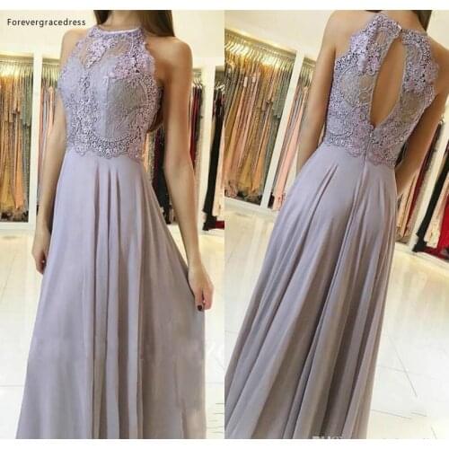 2019 Silver Lace Bridesmaid Dress Halter Neck Chiffon Country Garden Formal Wedding Party Guest Maid of Honor Gown Plus Size