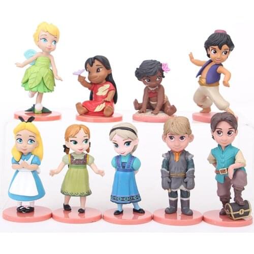 9pcs/set Disney Princess Frozen Elsa Anna Moana Tinker Bell Action Figure Toys Girl Birthday Gifts PVC Model Princess Alice