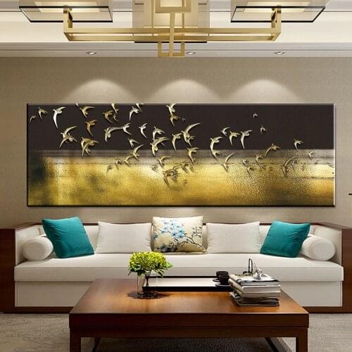 Abstract Landscape Gold Birds Oil Painting on Canvas Wall Art Posters and Prints Wall Pictures for Living Room Home Wall Cuadros