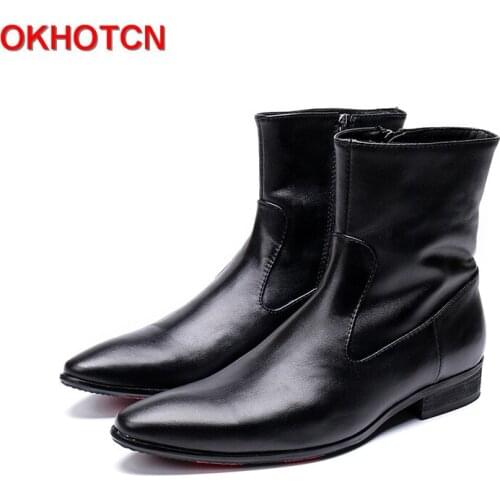 Pointed Toe Men Winter Boots Waterproof Genuine Warm Vintage Men Boots Cowhide Winter Leather Toe Safety Shoes Side Zipper Shoes