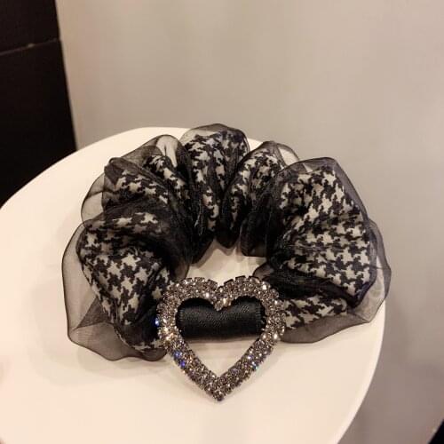 French Retro Ribbon Plaid Scrunchies Heart Rhinestone Double Layer Elastic Hair Bands Girls Jewelry Hair Tie for Women Headpiece