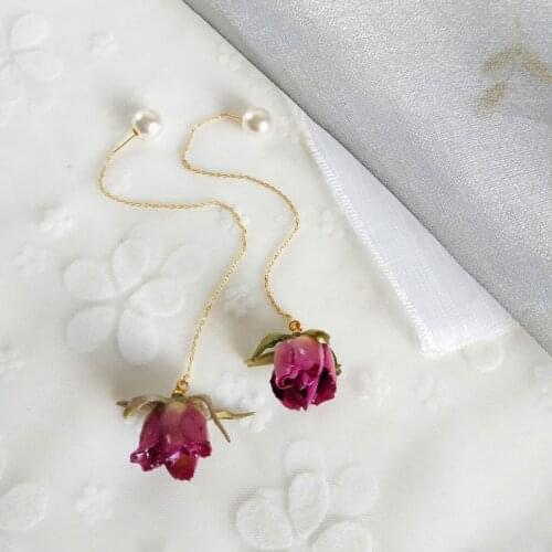 Cute Sweet Red Pressed Flower Long Drop Earrings Women Natural Rose Flower Wire Chain Dangle Earrings Fashion Jewelry
