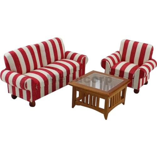 Miniature furniture Dollhouse 1:12 scale Drawing room Striped fabric chair Sofa 3pcs set