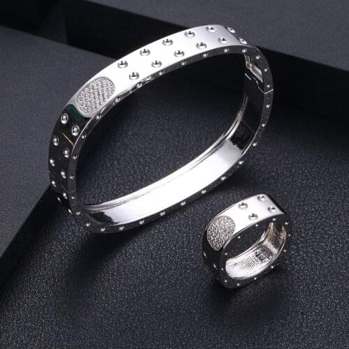Janekelly Luxury Unique African Bangle Ring Set For Women Wedding Cubic Zircon Crystal CZ Dubai Bridal Jewelry Set