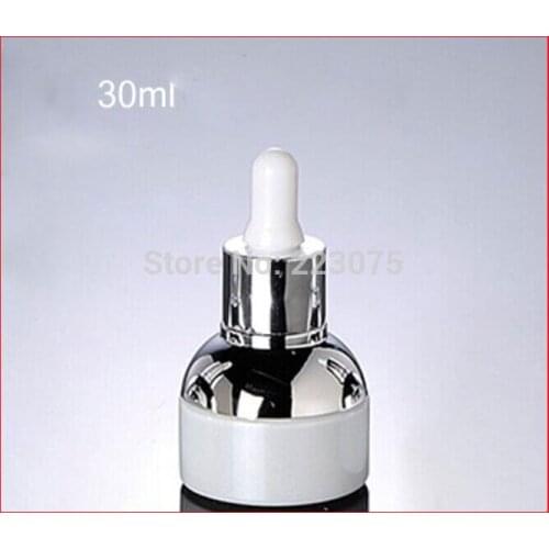 NEW 30ml white glass dropper bottle with silver shoulder & collar bulb glass bottle empty Refillable cosmetic Bottles 50pcs/lot