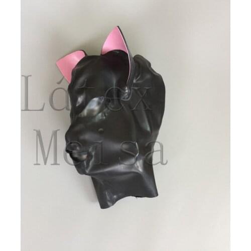 Novelty animal cat design Zental latex hoods with pink ears and open eyes nostrils and mouth with back zip for women