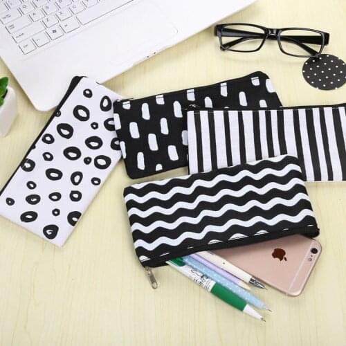 Kawaii Stationery Stripe Pencil Case Fashion Canvas Pencil Bag School Supplies Cute Creative Child Gift Black White Pencil Box