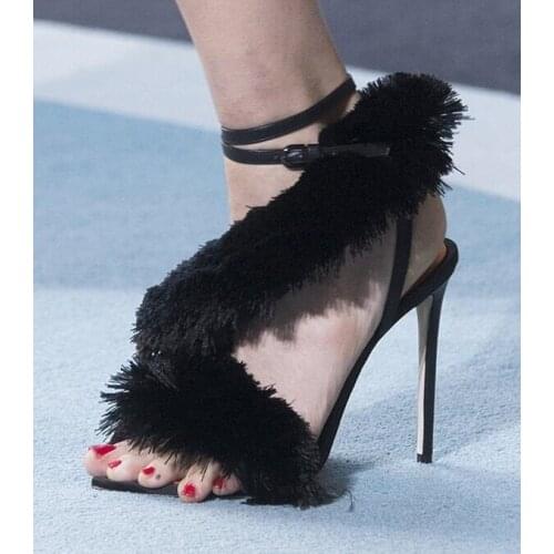 Sexy Black Fringe Women Sandals Fur Tassel Cut-out Ankle Strap Gladiator Sandals Shoes Women Thin Heels Banquet Dress Shoes
