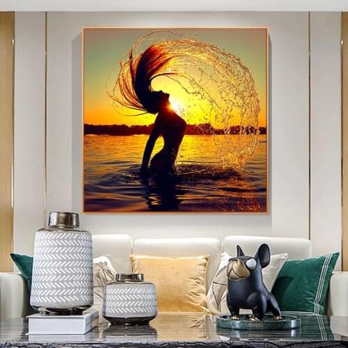 Nude Women Poster Beauty Model Girl Splashing Water With Her Hair Canvas Painting Sunset Scenery Wall Art Picture For Home Decor