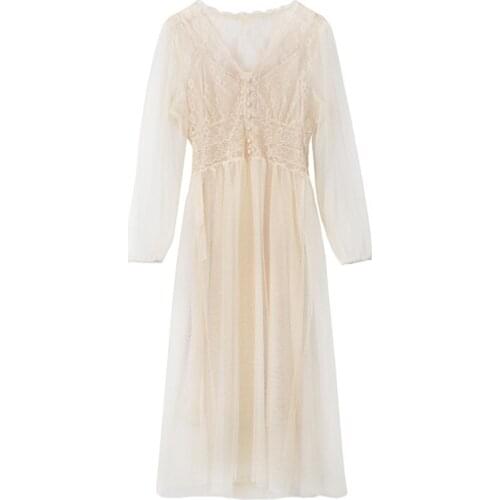 PERHAPS U Beige Pink V Neck Crochet Lace Patchwork Mesh Dress Long Sleeve Empire A-line Midi Dress Elegant Fairy D2603