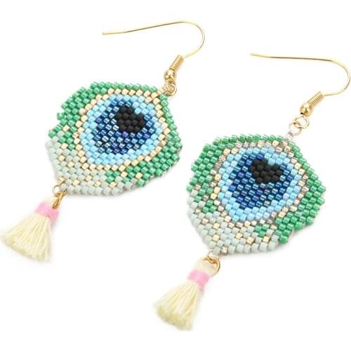 Retro Ethnic Peacock Feathers Tassel Earrings for Women Miyuki Bead Hoop Earring Dating Jewelry 2021 Trend Friends Girls Gift M4