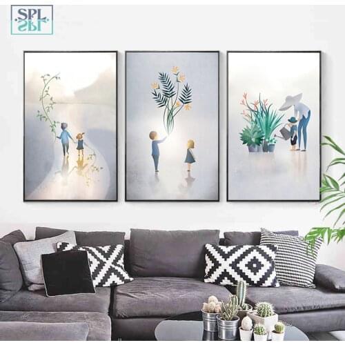 Nordic Green Plants Canvas Print Painting Happy Family Watercolor Wall Art Picture Nursery Baby Decor Cartoon Gardener Posters