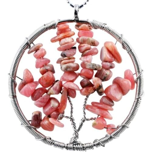 SUNYIK Rhodonite Tree Of Life Tumbled Stone Healing Reiki Round Pendant Fit Necklace Women Jewelry (Free Chain)