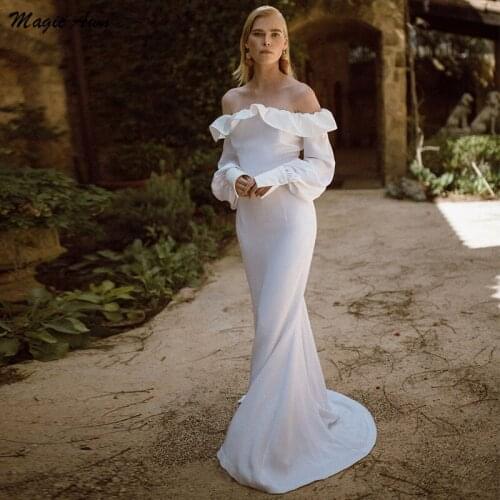 Magic Awn Bohemian Long Sleeves Mermaid Wedding Dresses Off The Shoulder Bodice Simple Satin Beach Mariage Gowns Vestidos Novia