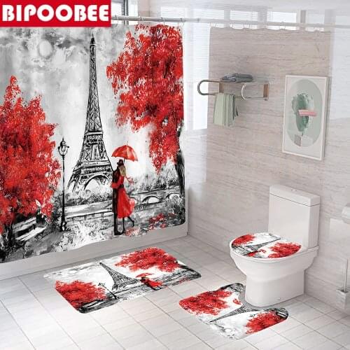 Eiffel Tower Lover Printed Shower Curtain 3d Paris Scenery Bathroom Curtains Set Bath Mat Non Slip Carpet Toilet Cover Floor Rug