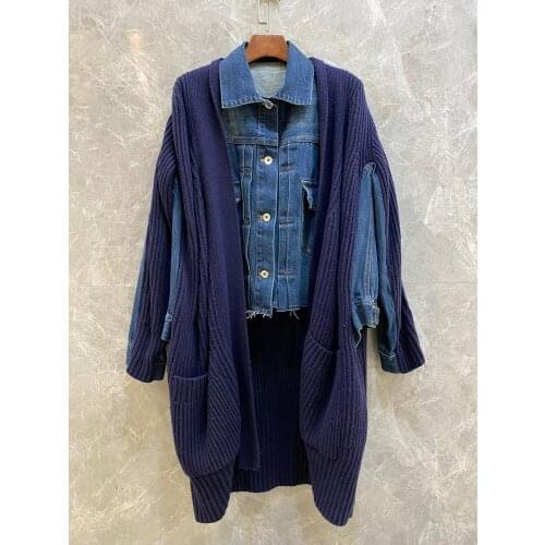 New 2021 Spring Women High Quality Knitted Wool Patchwork Denim Long Jacket Coat For Female Luxury Outerwear 2 Color Tutu