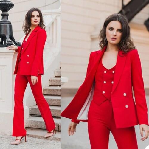 3 Pieces Red Women Suits Lapel Modern Coat+Pant+Vest Fashion Formal Double Breasted Party Suits For Women Custom Made
