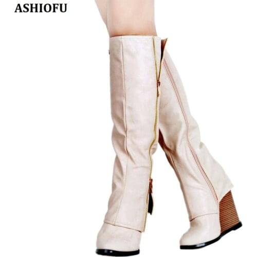 ASHIOFU Handmade Real Photos Womens Wadge Heel Knee Boots Party Prom Winter Boots Fashion Evening Sexy Club Boots Shoes